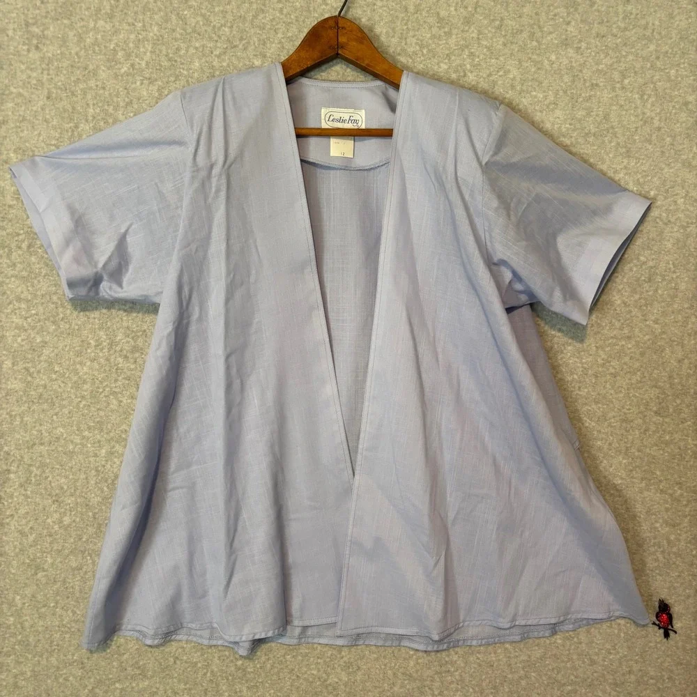 Vintage Leslie Fay Womens 12 2pc Tea Dress Set Blue White Tropical Palm Leaf 80s - Picture 11 of 14